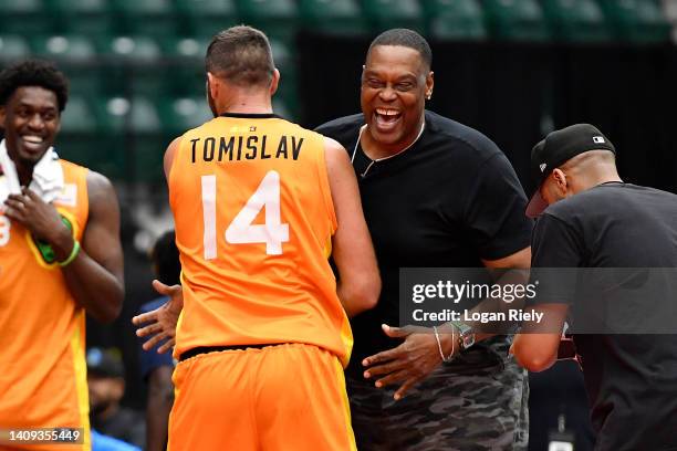 Head coach Rick Mahorn and Tomislav Ivosev of the Aliens celebrate during the game against the Ball Hogs in BIG3 Week 5 at Comerica Center on July...