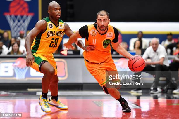 Dusan Bulut of the Aliens drives against Jodie Meeks of the Ball Hogs during the game in BIG3 Week 5 at Comerica Center on July 17, 2022 in Frisco,...
