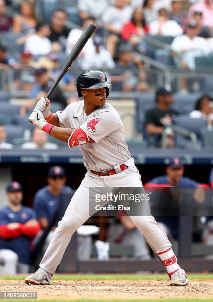 Jeter Downs of the Boston Red Sox takes his turn at bat in the eighth inning against the New York Yankees at Yankee Stadium on July 17, 2022 in the...