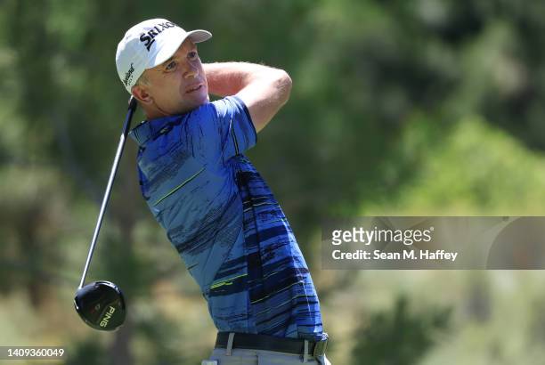 Martin Laird of Scotland plays his shot from the second tee during the final round of the Barracuda Championship at Tahoe Mountain Club on July 17,...