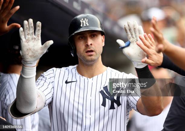 Joey Gallo of the New York Yankees celebrates his two run home run in the seventh inning against the Boston Red Sox at Yankee Stadium on July 17,...
