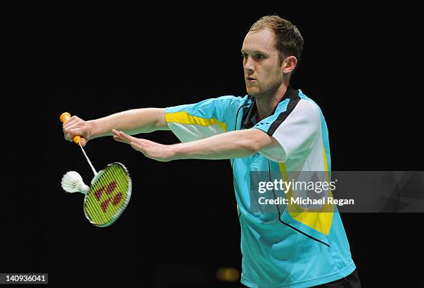 Andrew Ellis of England in action during his mens doubles match with partner Chris Adcock of England against Jung Jae Sung and Lee Yong Dae of Korea...