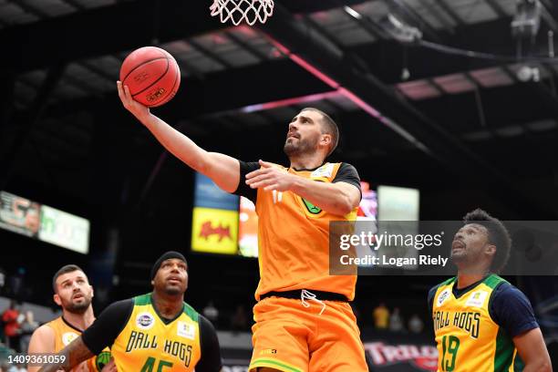 Dusan Bulut of the Aliens attempts the layup against the Ball Hogs during the game in BIG3 Week 5 at Comerica Center on July 17, 2022 in Frisco,...