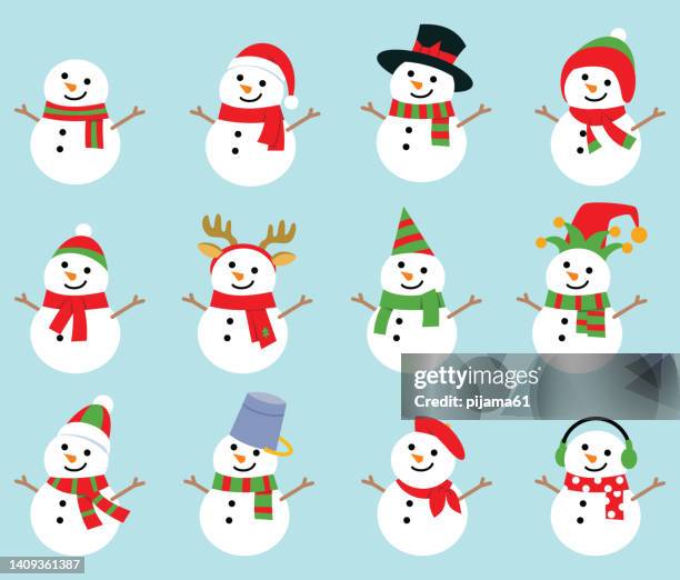 stockillustraties, clipart, cartoons en iconen met set of christmas snowmans isolated on white background. cheerful snowmen in different costumes and scarf and hat. - sneeuwpop