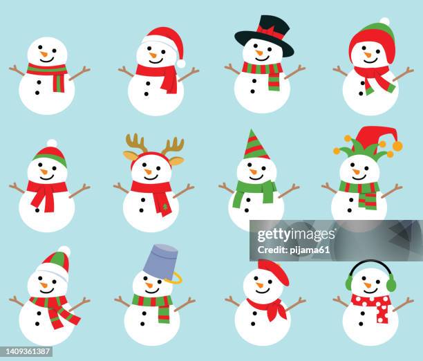 bildbanksillustrationer, clip art samt tecknat material och ikoner med set of christmas snowmans isolated on white background. cheerful snowmen in different costumes and scarf and hat. - cartoon santa claus