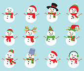 Set of christmas snowmans isolated on white background. Cheerful snowmen in different costumes and scarf and hat.