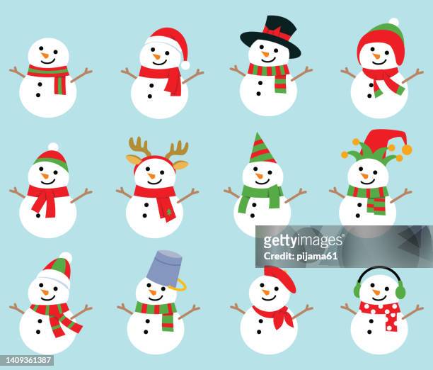 set of christmas snowmans isolated on white background. cheerful snowmen in different costumes and scarf and hat. - snowman stock illustrations