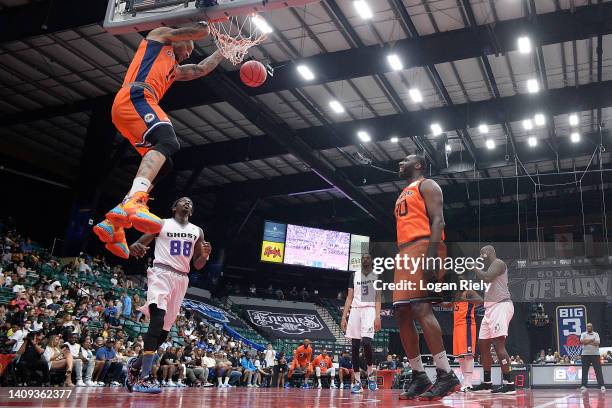 Michael Beasley of 3's Company dunks against the Ghost Ballers during the game in BIG3 Week 5 at Comerica Center on July 17, 2022 in Frisco, Texas.