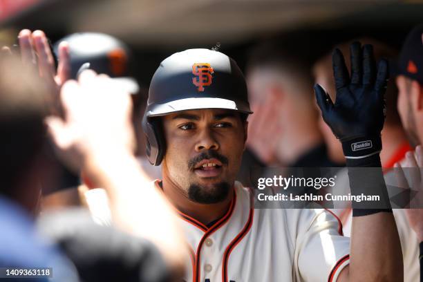 LaMonte Wade Jr. #31 of the San Francisco Giants celebrates after hitting a three-run home run in the bottom of the third inning against the...