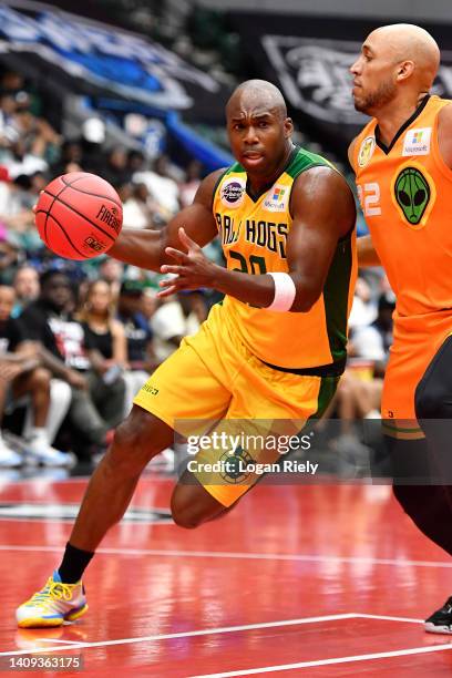 Jodie Meeks of the Ball Hogs drives toward the hoop against the Aliens during the game in BIG3 Week 5 at Comerica Center on July 17, 2022 in Frisco,...