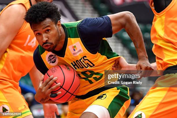 Leandro Barbosa of the Ball Hogs drives toward the hoop against the Aliens during the game in BIG3 Week 5 at Comerica Center on July 17, 2022 in...