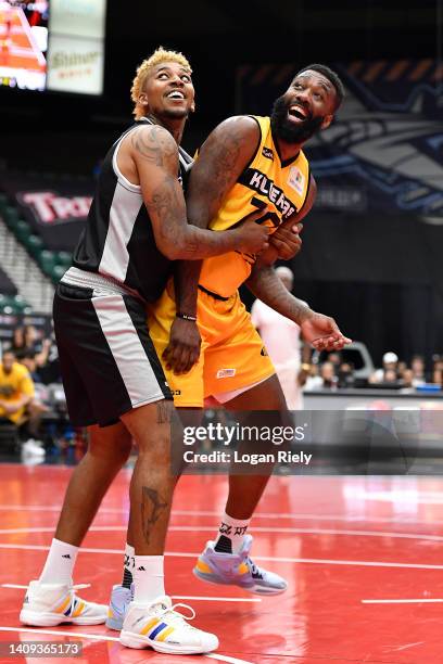 Nick Young of the Enemies laughs with Donte Green of the Killer 3's during the game in BIG3 Week 5 at Comerica Center on July 17, 2022 in Frisco,...