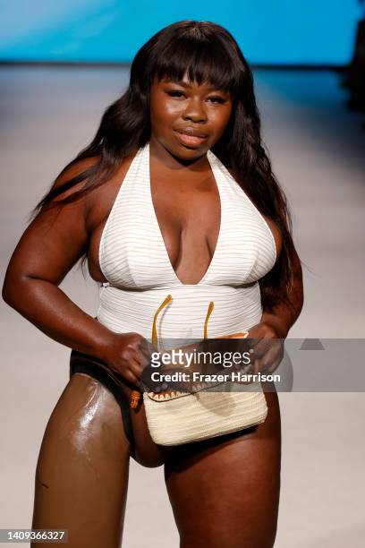 Model walks the runway for Cupshe x Jojo Fletcher Collection during Paraiso Miami Beach Beach Resort 2023 at The Paraiso Tent on July 17, 2022 in...