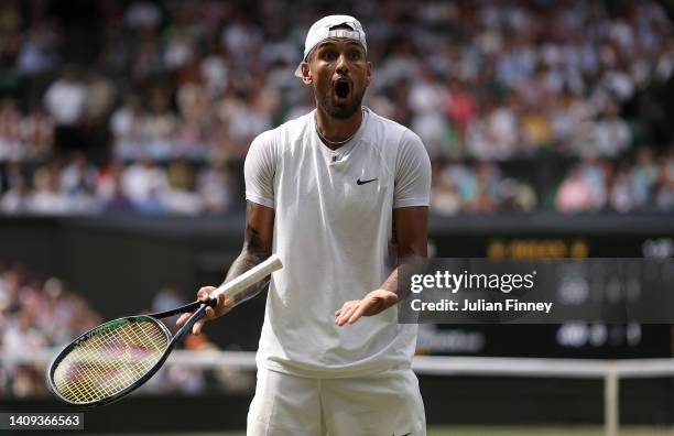 Nick Kyrgios of Australia reacts against Novak Djokovic of Serbia during their Men's Singles Final match on day fourteen of The Championships...