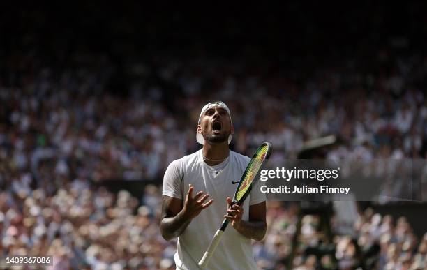 Nick Kyrgios of Australia reacts against Novak Djokovic of Serbia during their Men's Singles Final match on day fourteen of The Championships...