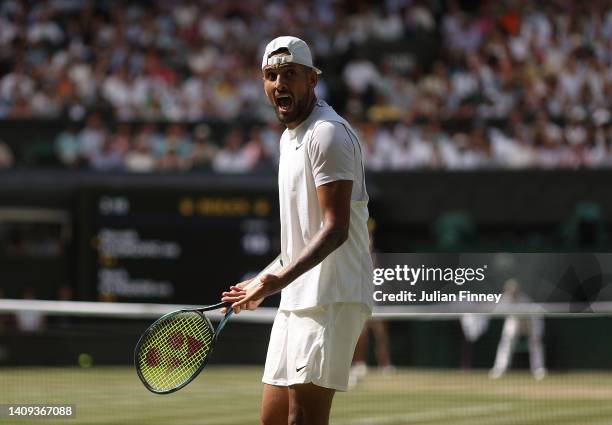 Nick Kyrgios of Australia reacts against Novak Djokovic of Serbia during their Men's Singles Final match on day fourteen of The Championships...