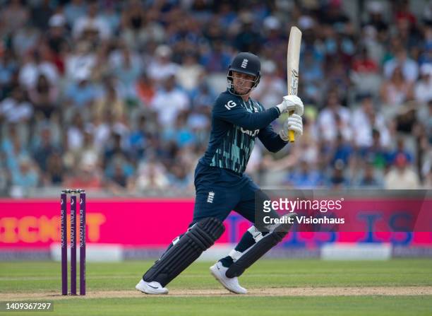 Jason Roy of England batting during the 3rd Royal London Series One Day International between England and India at Emirates Old Trafford on July 17,...