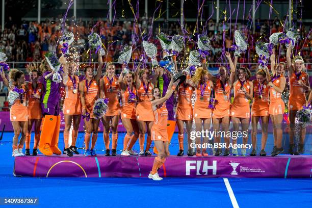 Marloes Keetels of Netherlands holding the trophy during the FIH Hockey Women's World Cup 2022 Final match between Netherlands and Argentina at the...