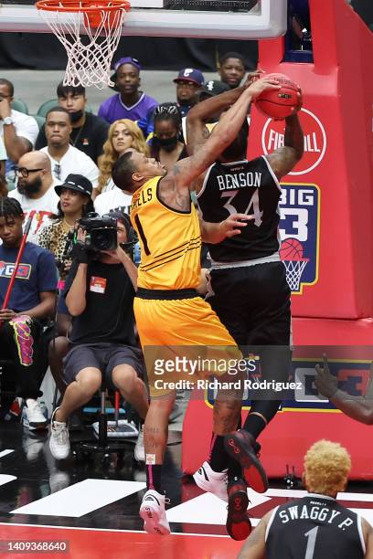 McDaniels of the Killer 3's attempts to block the shot by Keith Benson of the Enemies during the game in BIG3 Week 5 at Comerica Center on July 17,...