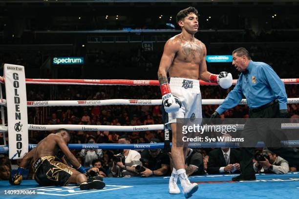 Ryan Garcia knocks Javier Fortuna down during their Super Light weight 12 rounds fight at Crypto.com Arena on July 16, 2022 in Los Angeles,...