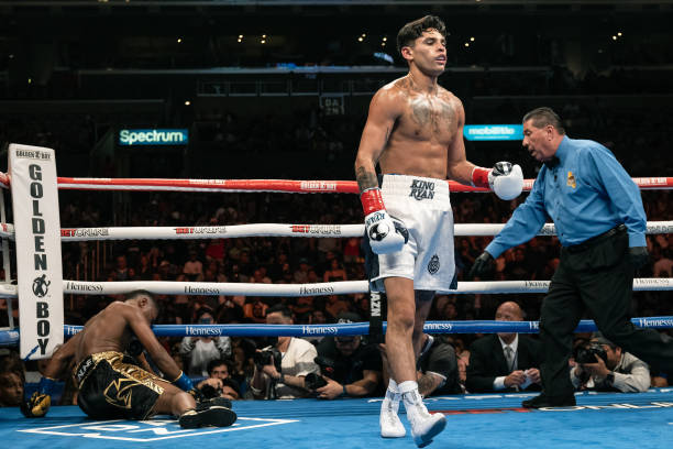 Ryan Garcia knocks Javier Fortuna down during their Super Light weight 12 rounds fight at Crypto.com Arena on July 16, 2022 in Los Angeles,...