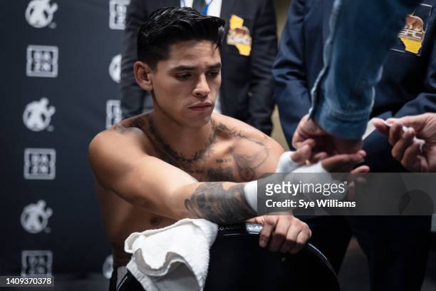 Ryan Garcia prepares for his fight with Javier Fortuna in his dressing room on July 16, 2022 in Los Angeles, California.
