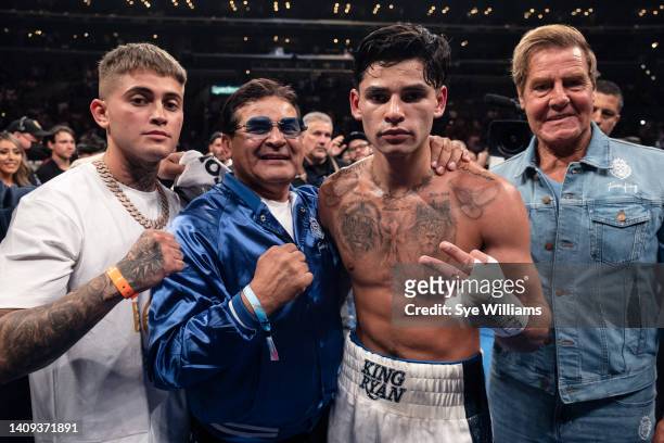 Sean Garcia, Henry Garcia, Ryan Garcia and Joe Goossen pose for a photograph after Ryan Garcia defeated Javier Fortuna on July 16, 2022 in Los...