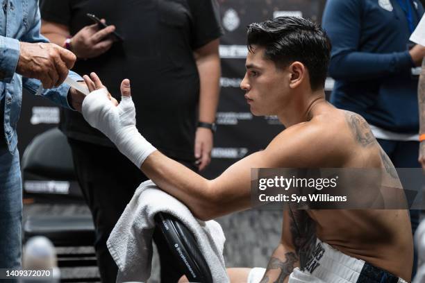 Ryan Garcia prepares for his fight with Javier Fortuna in his dressing room on July 16, 2022 in Los Angeles, California.