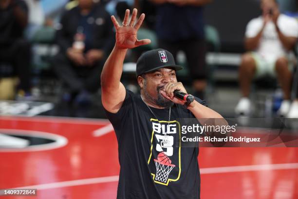 Ice Cube performs during halftime in the game between the 3 Headed Monsters and Triplets in BIG3 Week 5 at Comerica Center on July 17, 2022 in...