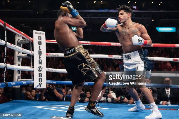 Ryan Garcia fights Javier Fortuna during their Super Light weight 12 rounds fight at Crypto.com Arena on July 16, 2022 in Los Angeles, California.