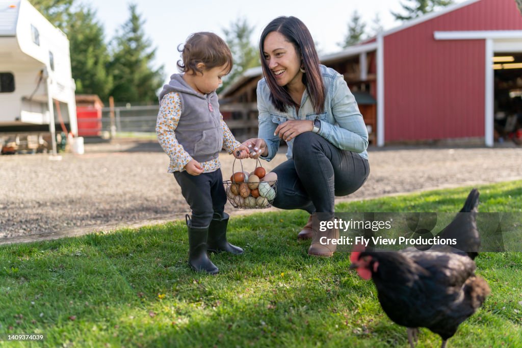 Mamá ayudando a su hija pequeña a recoger huevos de gallina en su granja familiar