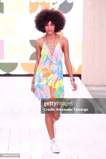 Model walks the runway for the Maaji Runway Show Spring 23 during Paraiso Miami Beach on July 17, 2022 in Miami Beach, Florida.