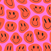 Groovy Melting Smiling Faces Seamless Pattern. Psychedelic Distorted Emoji Vector Background in 1970s Hippie Retro Style