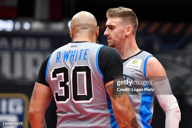 Cline and Royce White of the Power celebrate after the play against the Bivouac during the game in BIG3 Week 5 at Comerica Center on July 17, 2022 in...