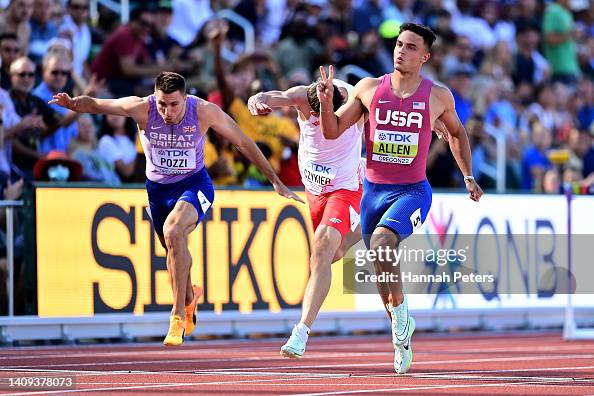 Devon Allen Buff Devon Allen of Team United States reacts as he crosses the finish ...