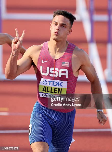 Devon Allen Buff Devon Allen of Team United States reacts as he crosses the finish ...
