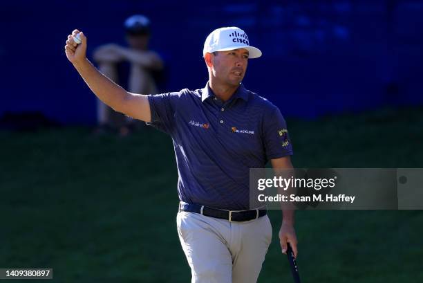 Chez Reavie of the United States reacts after putting in to win on the 18th green during the final round of the Barracuda Championship at Tahoe...