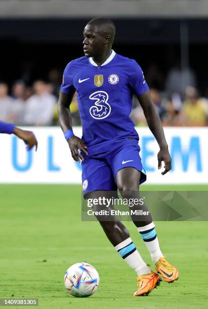 Malang Sarr of Chelsea dribbles the ball up the field against Club América during their preseason friendly match at Allegiant Stadium on July 16,...