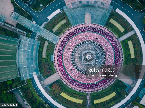 top view of shanghai oriental pearl tower - lujiazui stock-fotos und bilder