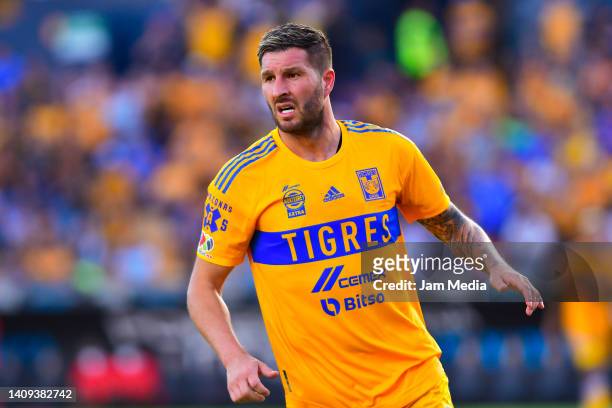 Andre-Pierre Gignac of Tigres looks on during the 3rd round match between Tigres UANL and Tijuana as part of the Torneo Apertura 2022 Liga MX at...