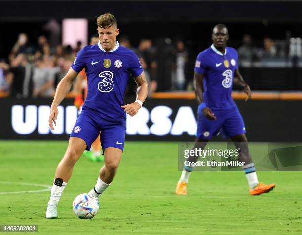 Ross Barkley of Chelsea dribbles the ball ahead of teammate Malang Sarr during a preseason friendly match against Club América at Allegiant Stadium...