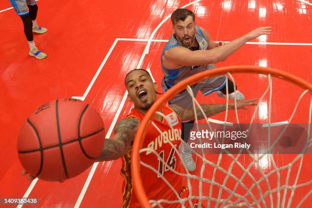 Gerald Green of Bivouac extends for the layup against Nikoloz Tskitishvili of the Power during the game in BIG3 Week 5 at Comerica Center on July 17,...