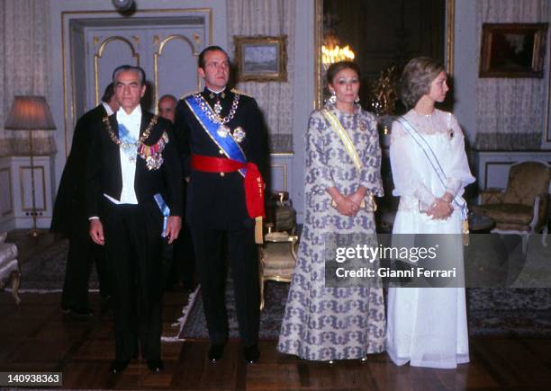 The Shah Reza Pahlavi, the Spanish King Juan Carlos, Farah Diba and Spanish Queen Sofia before the official welcome dinner Teheran, Iran.