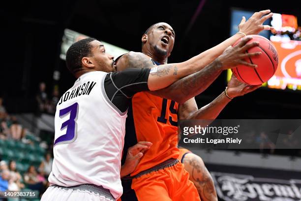 Mario Chalmers of 3's Company battles against Chris Johnson of the Ghost Ballers during the game in BIG3 Week 5 at Comerica Center on July 17, 2022...