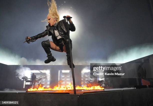 Lady Gaga performs on stage during the opening night of The Chromatica Ball Summer Stadium Tour at Merkur Spiel-Arena on July 17, 2022 in Dusseldorf,...