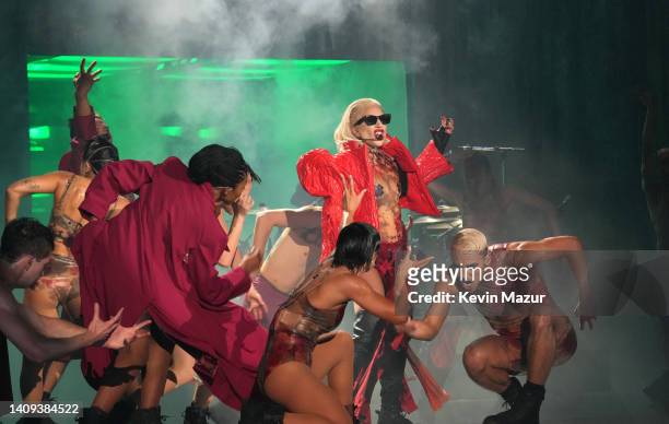 Lady Gaga performs on stage during the opening night of The Chromatica Ball Summer Stadium Tour at Merkur Spiel-Arena on July 17, 2022 in Dusseldorf,...
