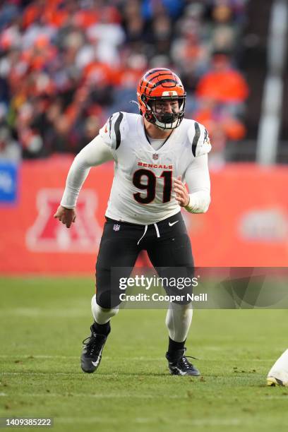 Trey Hendrickson of the Cincinnati Bengals defends against the Denver Broncos during an NFL game at Empower Field At Mile High on December 19, 2021...