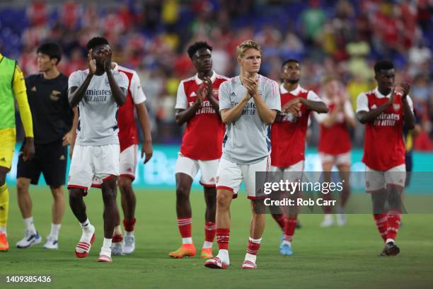 Members of Arsenal celebrate following their 2-0 win over Everton during a preseason friendly at M&T Bank Stadium on July 16, 2022 in Baltimore,...