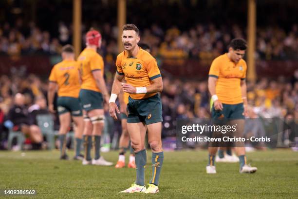 Nic White of Australia speaks to officials during game three of the International Test match series between the Australia Wallabies and England at...