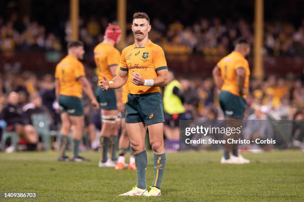 Nic White of Australia speaks to officials during game three of the International Test match series between the Australia Wallabies and England at...